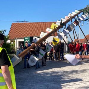 Aufrichten des Maibaums mit Sicherheitsweste