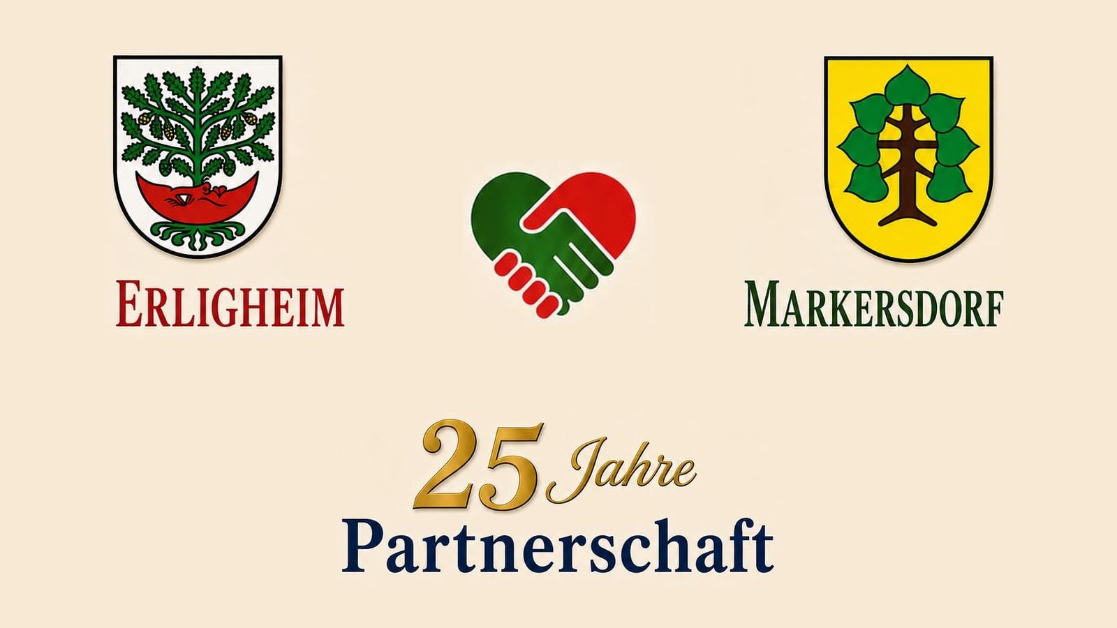 Wappen von Erligheim und Markersdorf mit Handschlag-Symbol – 25 Jahre Partnerschaft