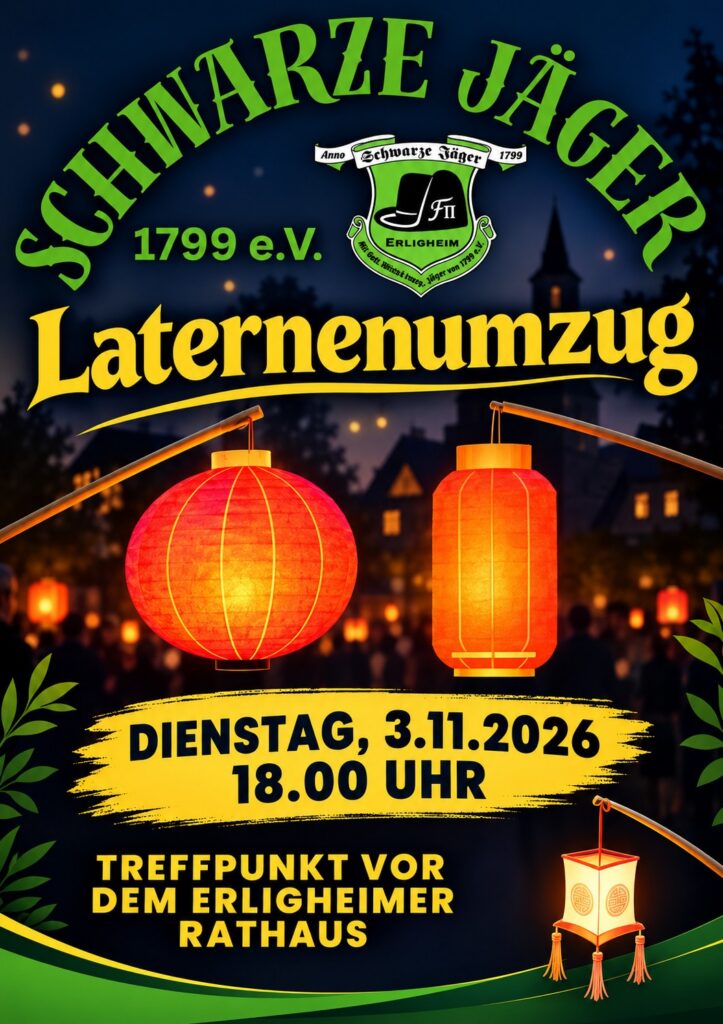 Plakat Laternenumzug: Dienstag, 3.11.2026, 18.00 Uhr, Treffpunkt vor dem Erligheimer Rathaus